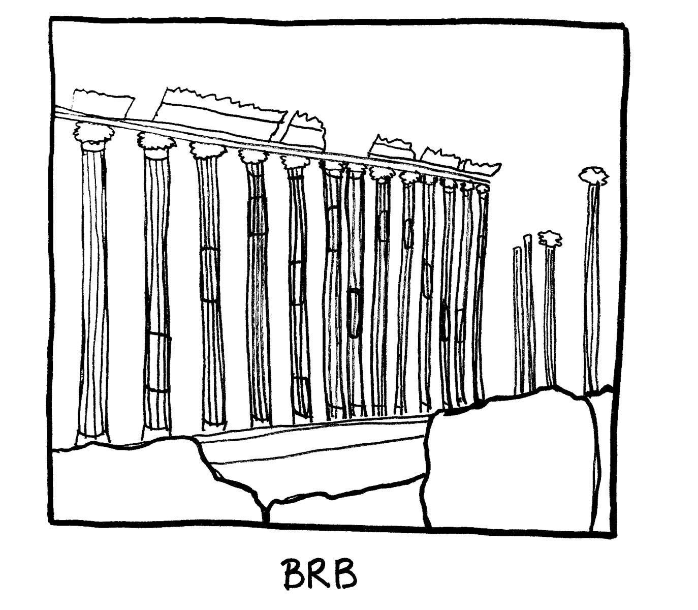 image of ruins, a series of columns not attached to a building. Labeled: BRB